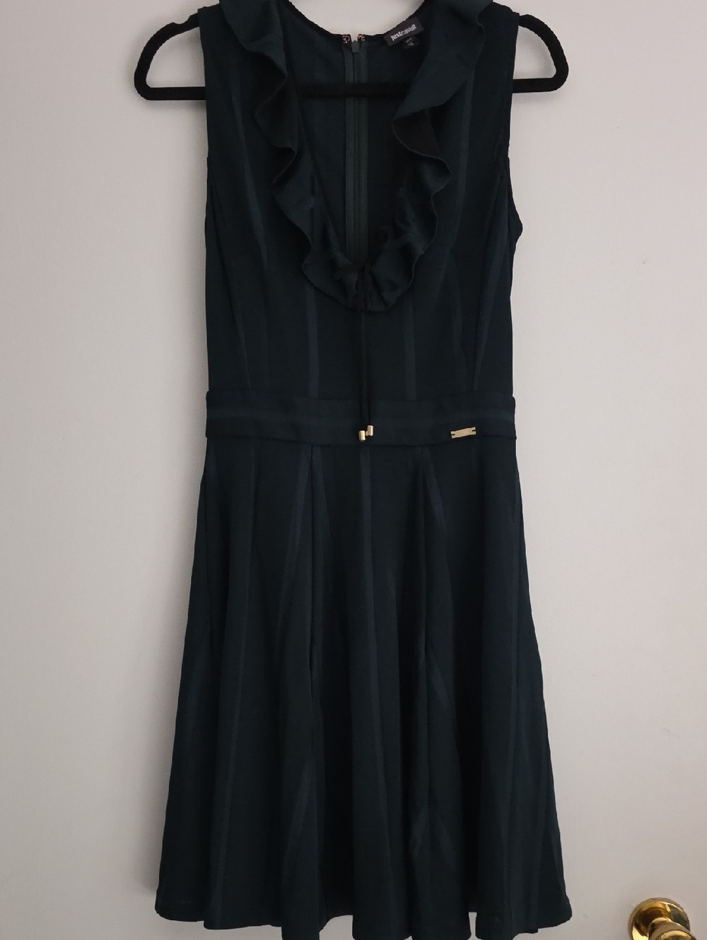 Just Cavalli Dark Green Ruffle V-Neck Midi Dress
